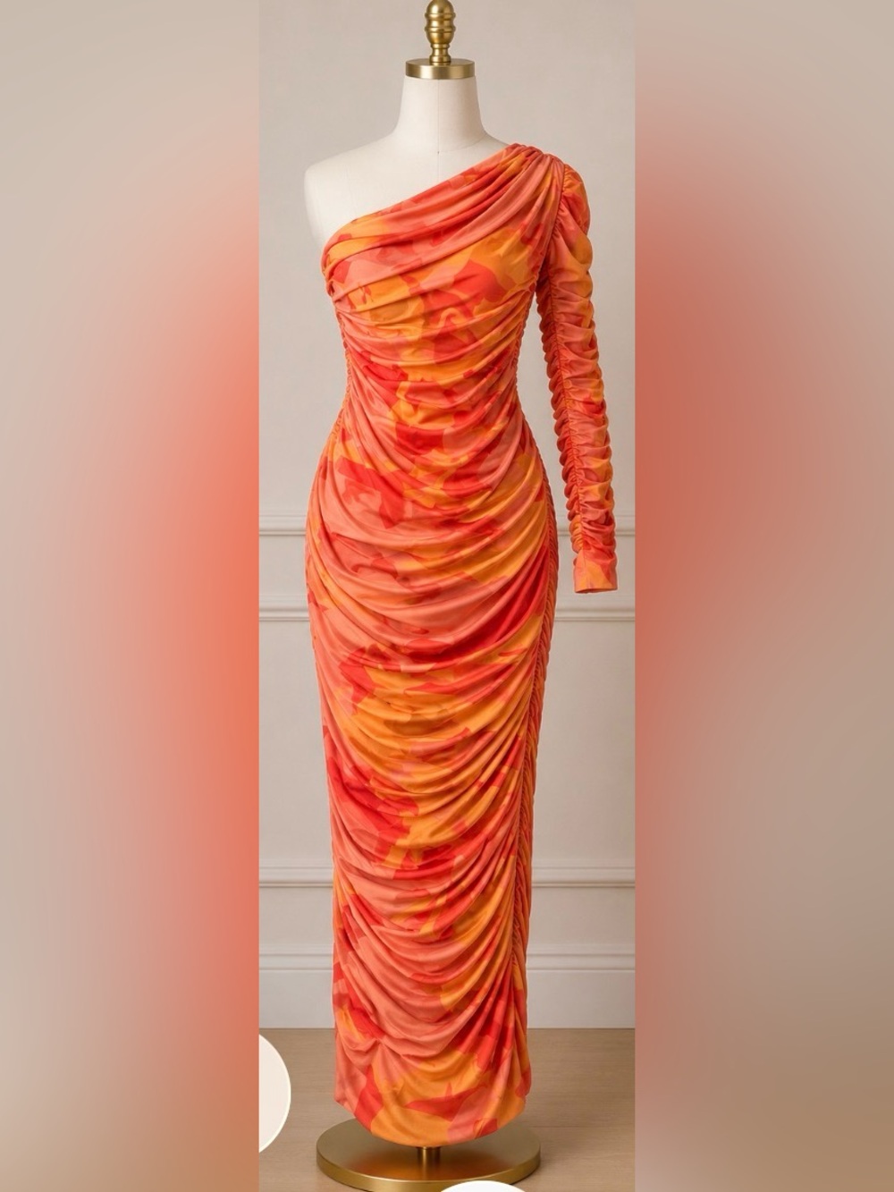 JLUXLABEL One-Shoulder Ruched Maxi Dress in Orange and Pink